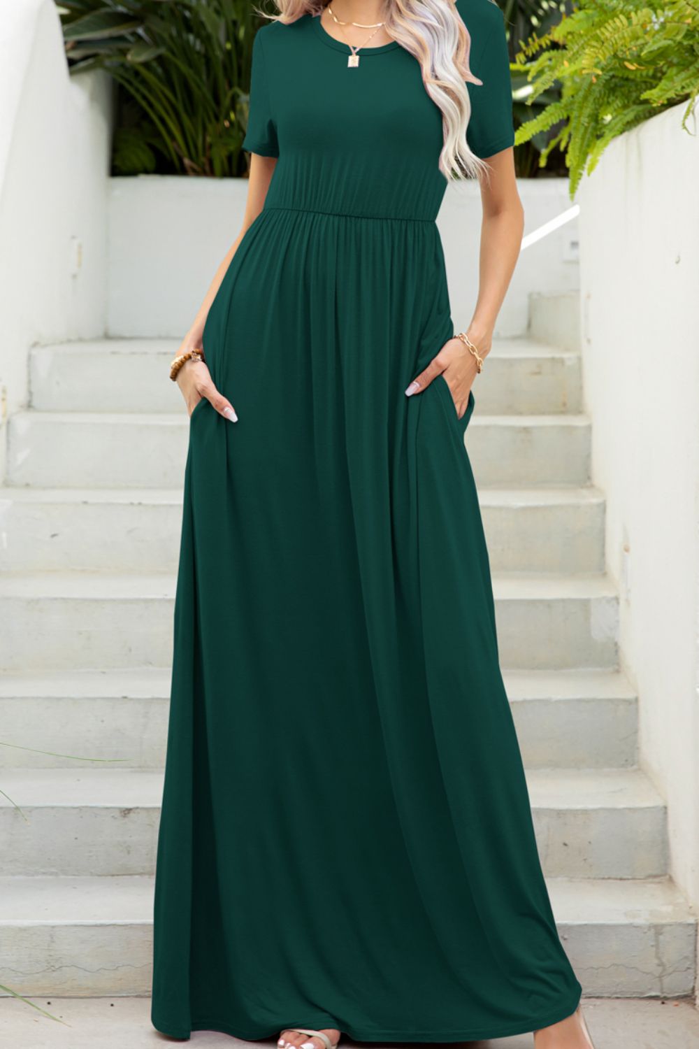 Round Neck Maxi Tee Dress with Pockets - felvior