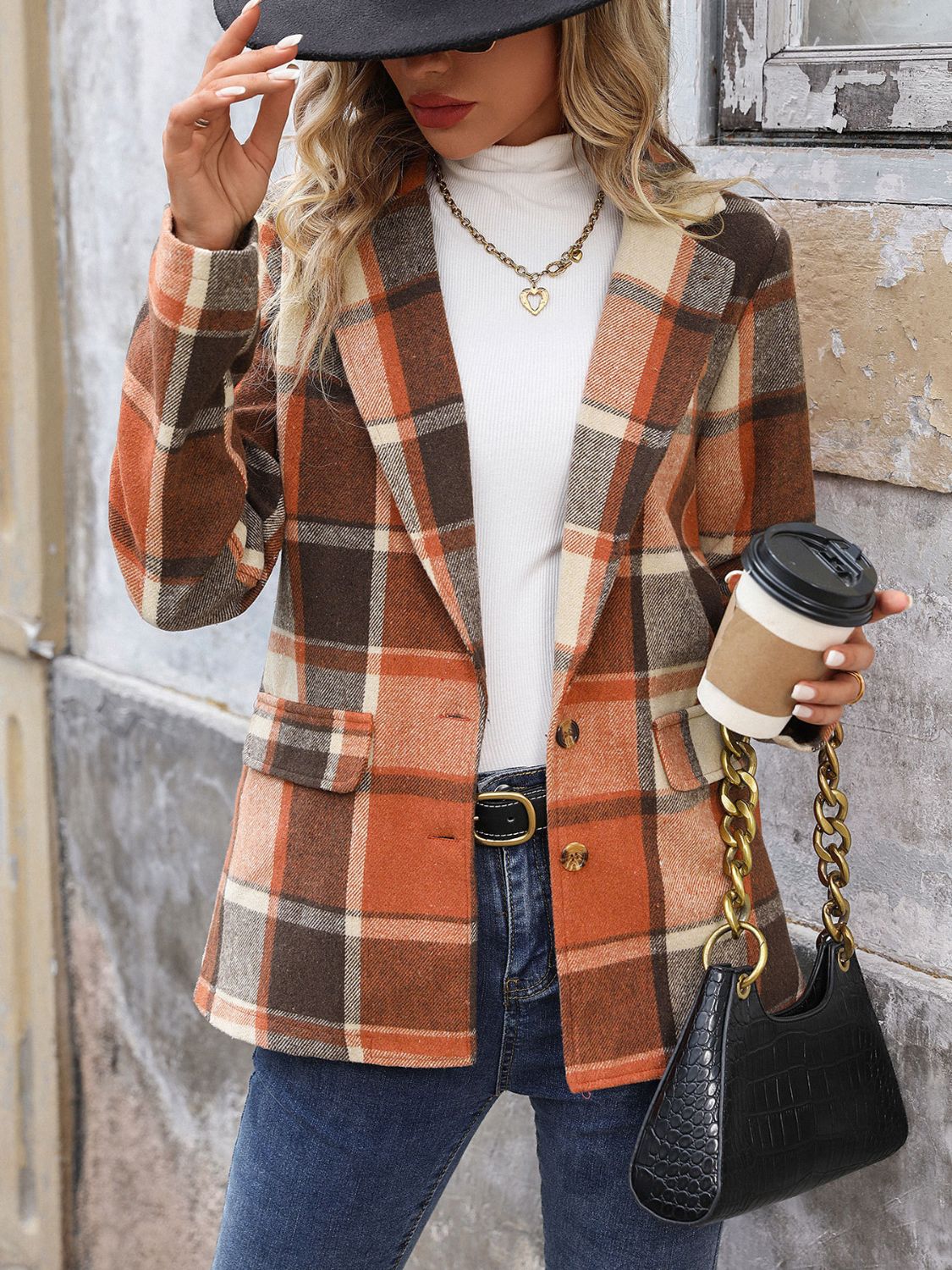 Perfee Plaid Button Down Lapel Collar Blazer Hauptbild