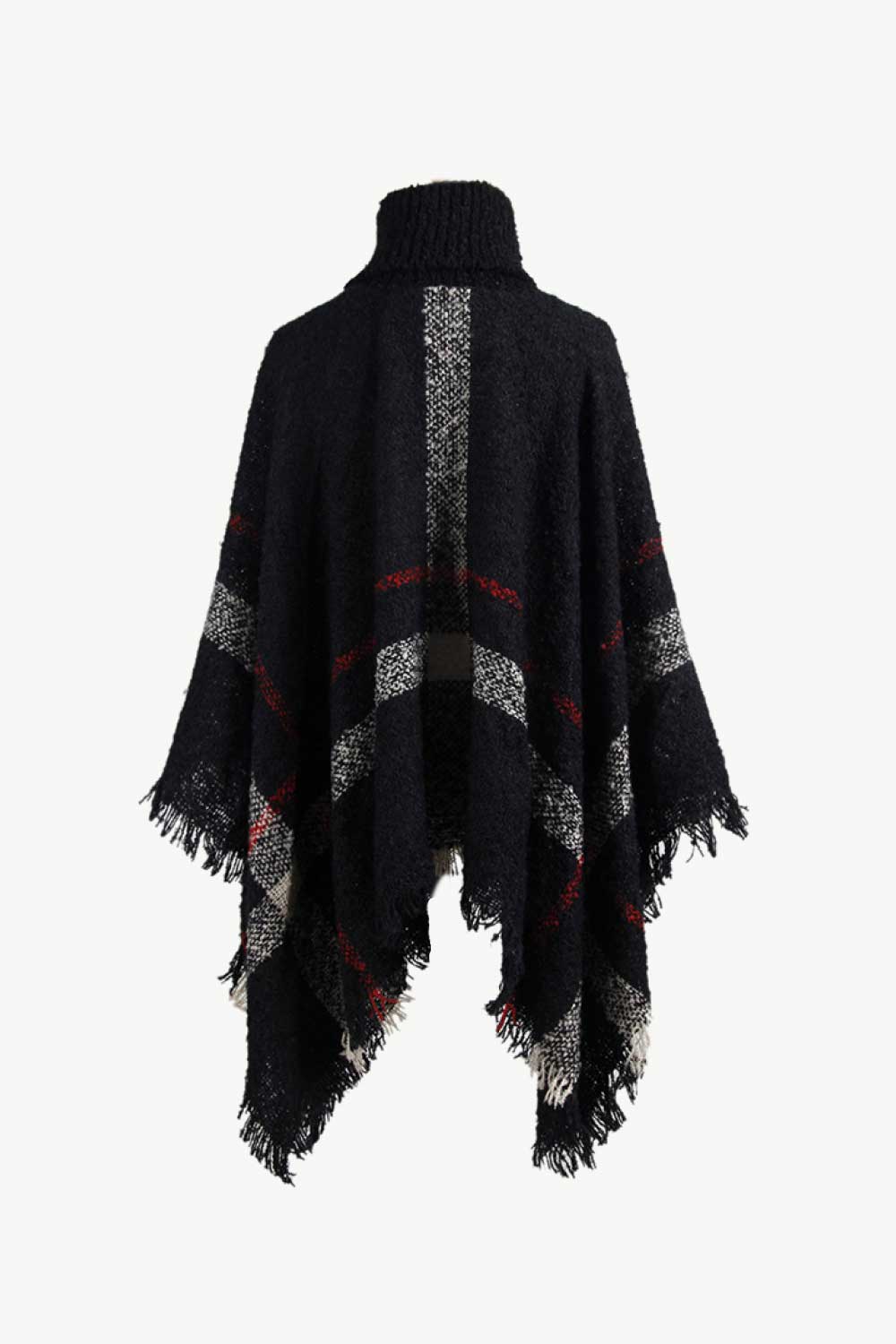 Plaid Turtleneck Raw Hem Poncho - felvior