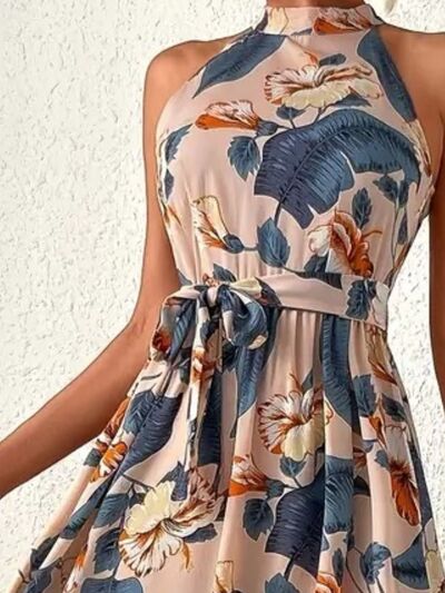 Tied Floral Sleeveless Dress - felvior