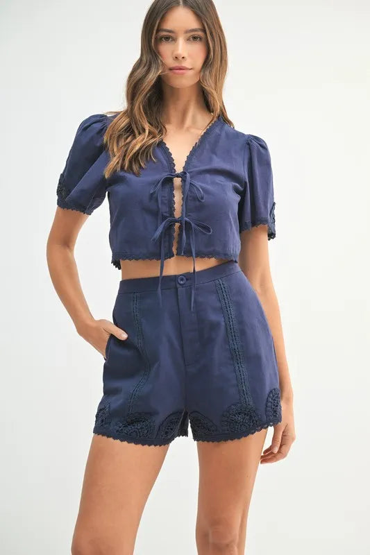 MABLE Crochet Lace Detail Crop Top and Shorts Set - felvior
