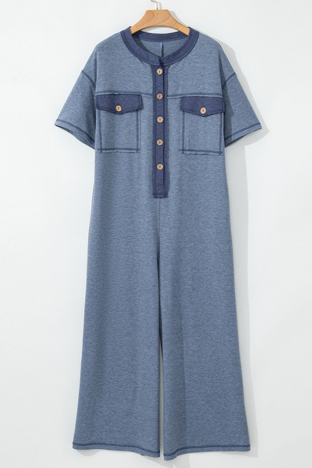 Placket Chest Pockets Short Sleeve Wide Leg Jumpsuit