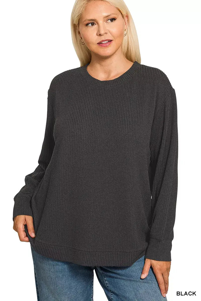Zenana Full Size Raised Rib Round Neck Long Sleeve Top Plus Size