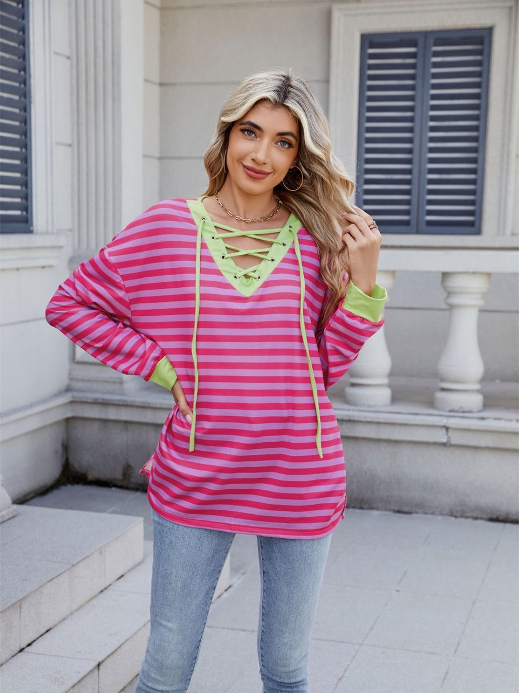 Lace-Up Striped Long Sleeve T-Shirt