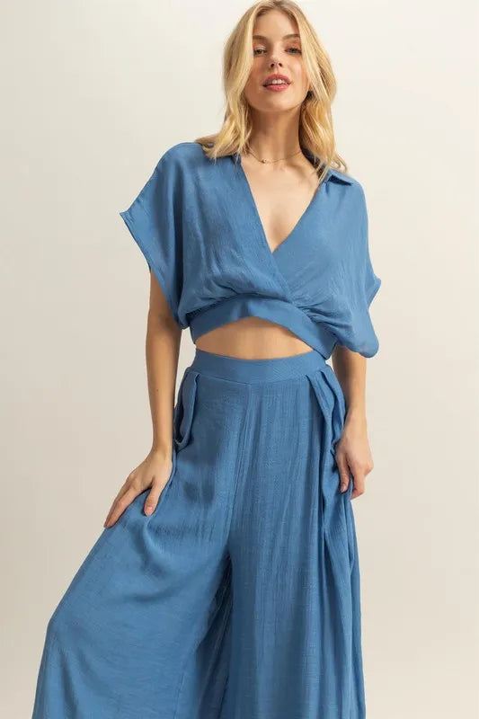 HYFVE Kimono Sleeve Crop Top and Wide Leg Pants Set - felvior