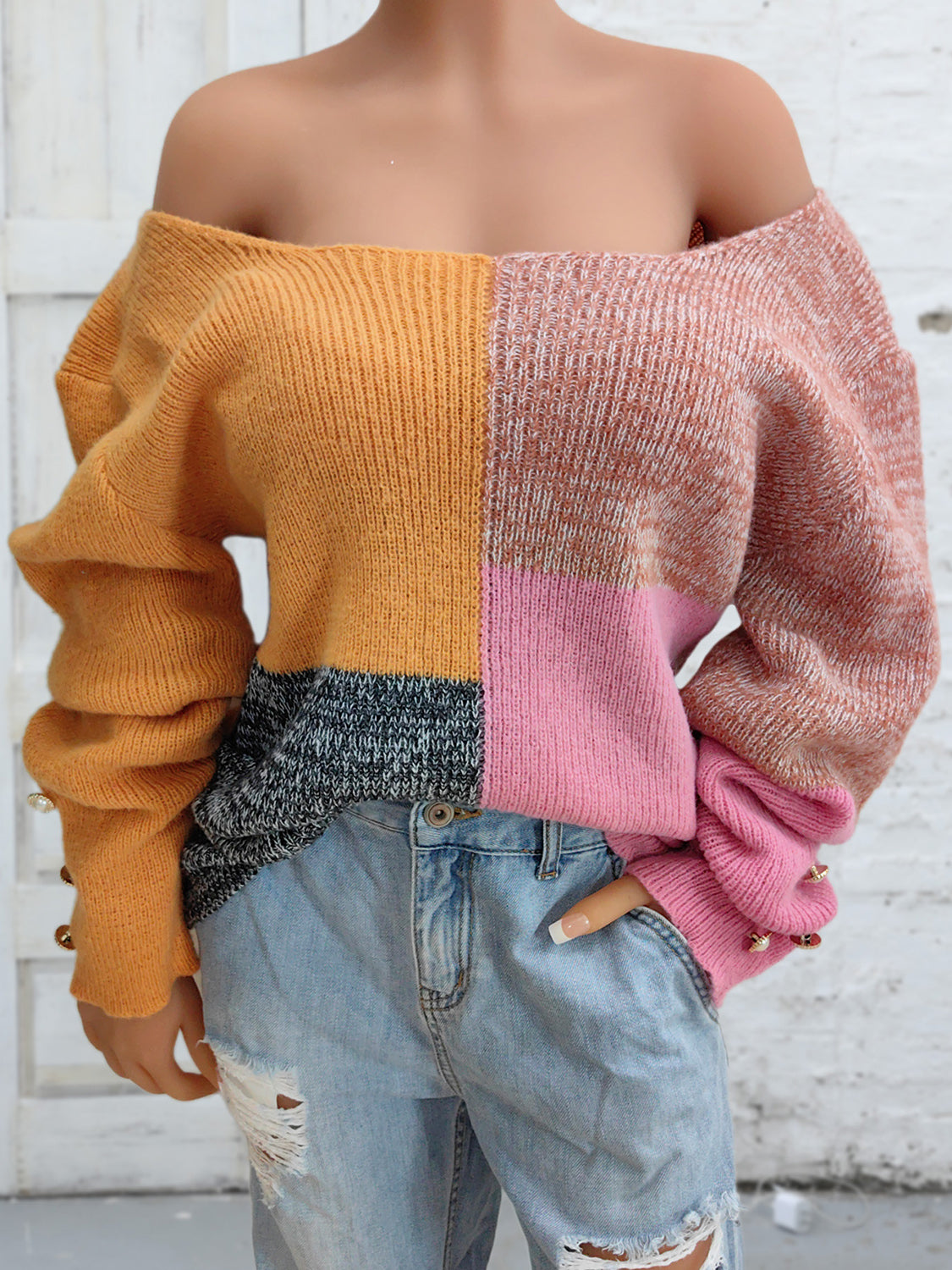 Color Block Decorative Button Long Sleeve Sweater - felvior