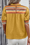 Geometric Frill Mock Neck Short Sleeve Blouse - felvior