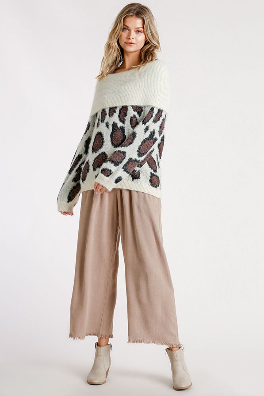 Umgee Full Size Leopard Off-Shoulder Long Sleeve Sweater Plus Size
