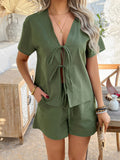Devine Tied V-Neck Short Sleeve Top and Shorts Set - felvior
