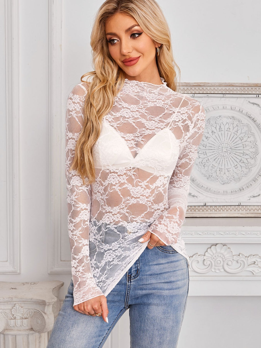 Mock Neck Long Sleeve Lace Sheer Top