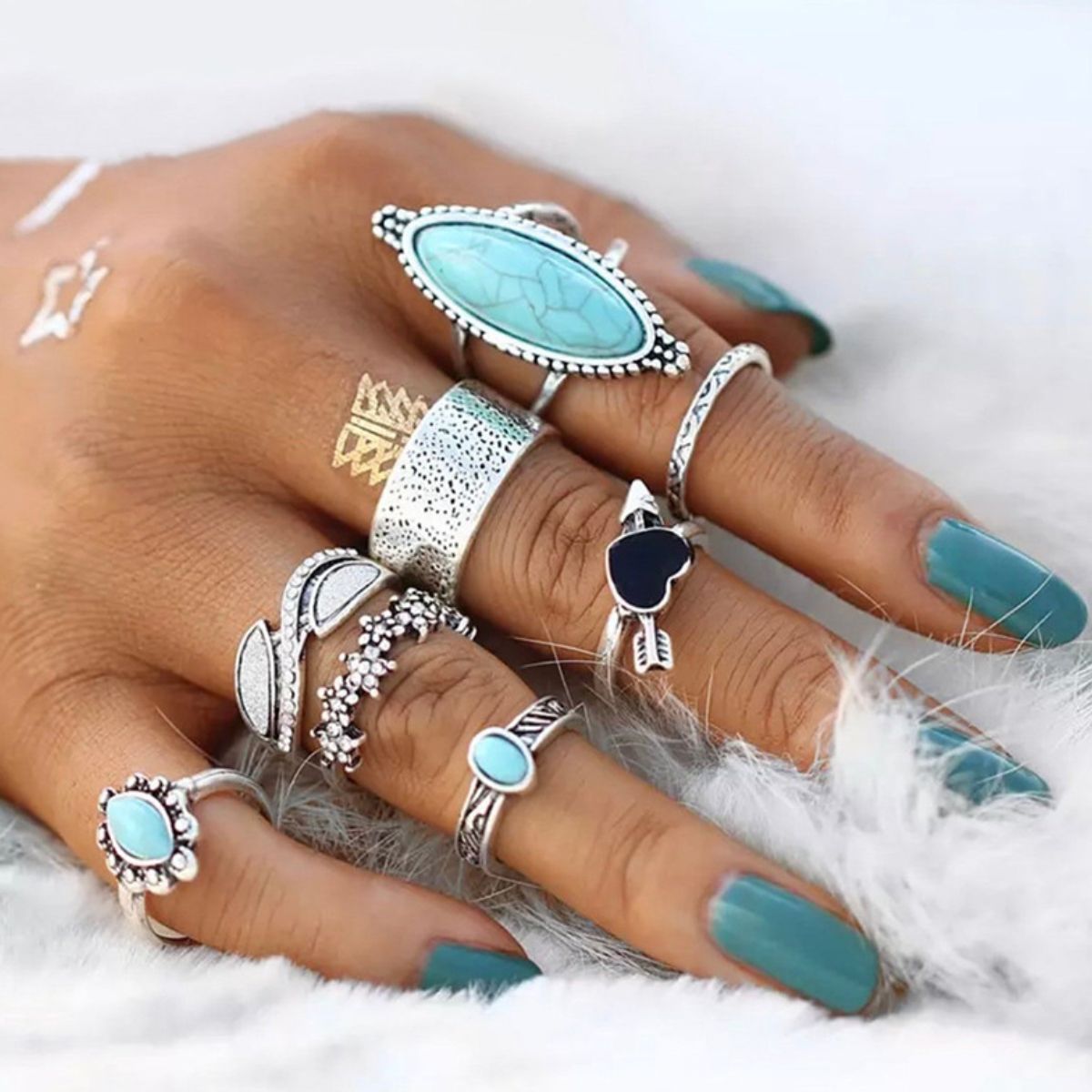 Turquoise Alloy 8-Piece Ring Set - felvior