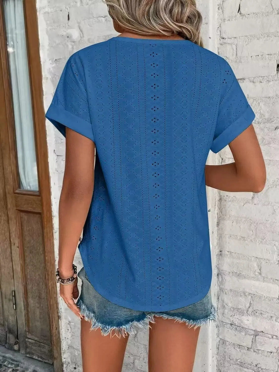 Eyelet Round Neck Short Sleeve Top