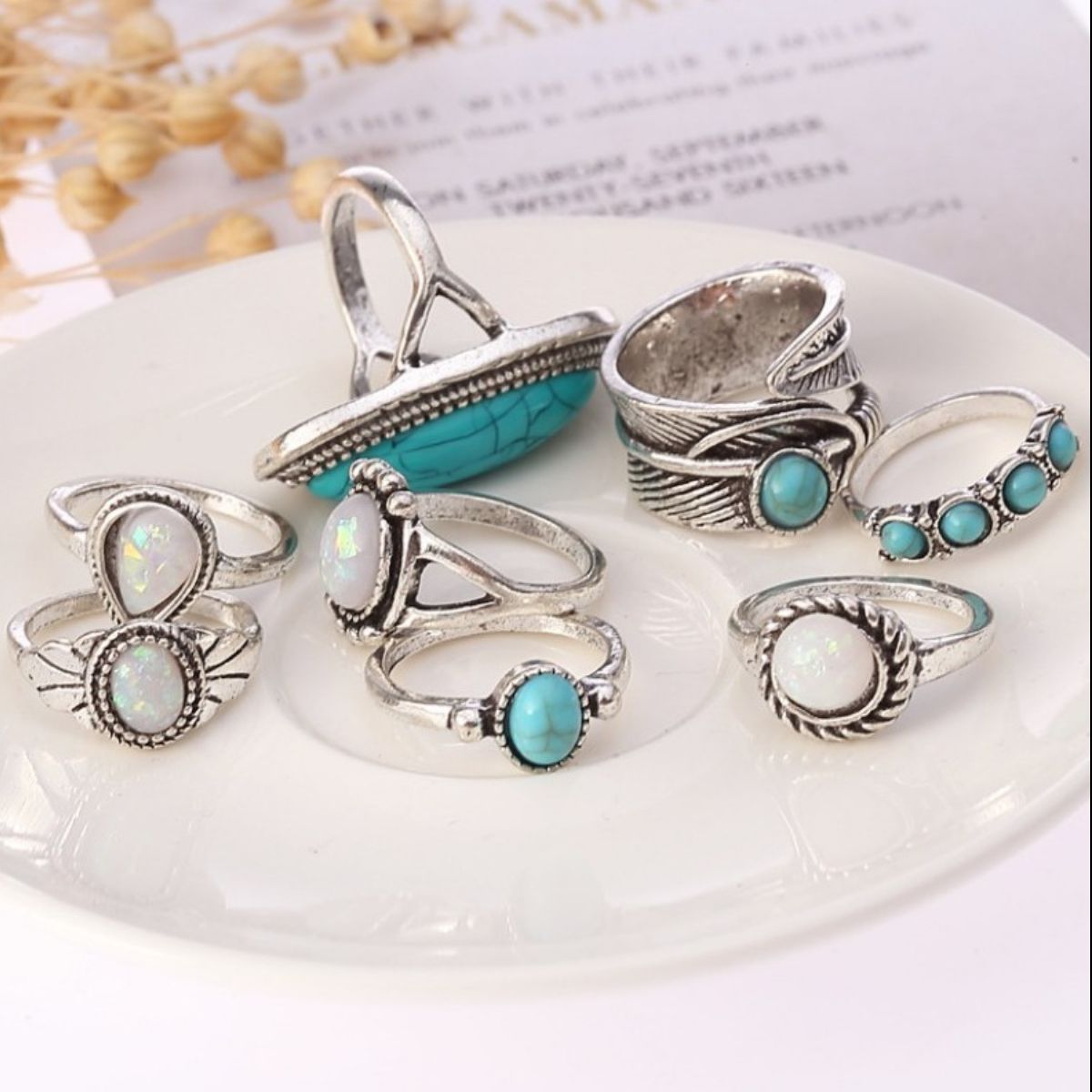 Alloy Turquoise 8-Piece Ring Set - felvior