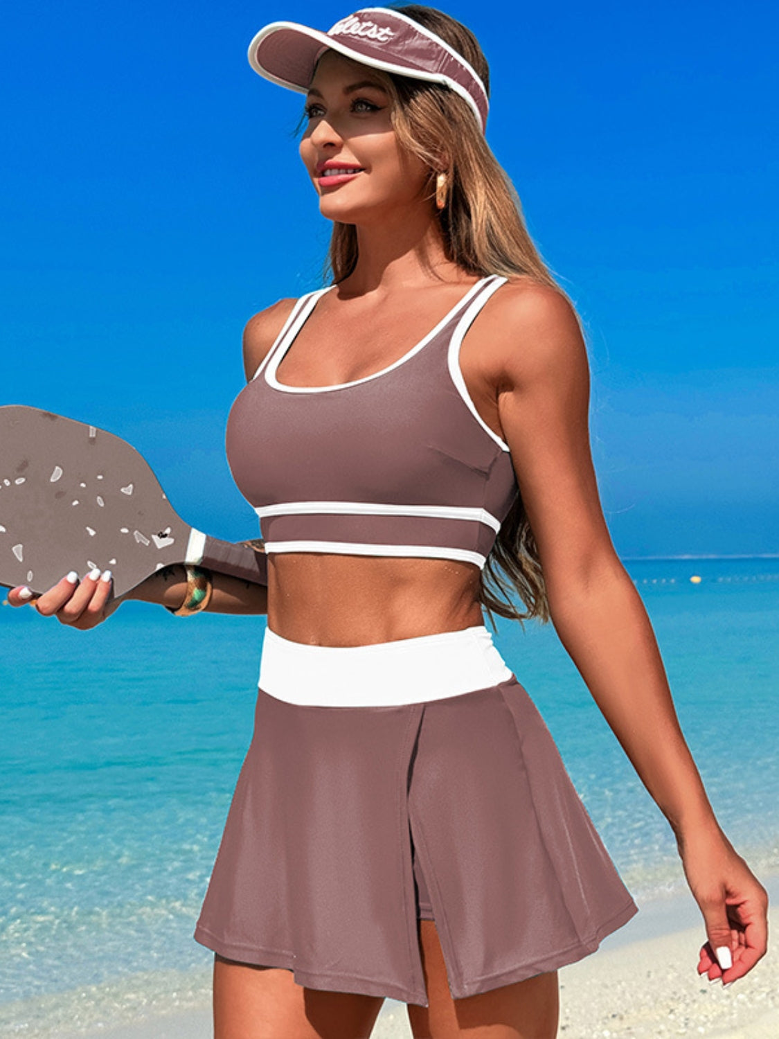 Scoop Neck Top and Skort Swim Set - felvior