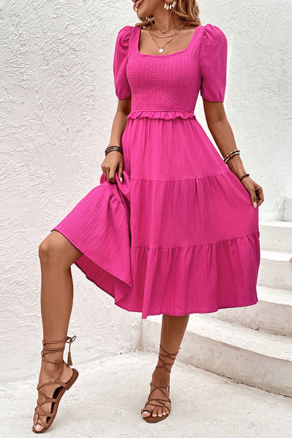 Perfee Square Neck Puff Sleeve Cutout Dress - felvior