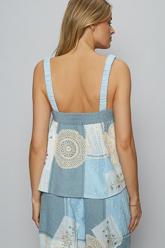 POL Embroidered Crochet Lace Patch Square Neck Cami - felvior