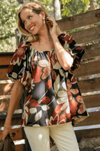 Umgee Full Size Print Round Neck Puff Sleeve Top Plus Size