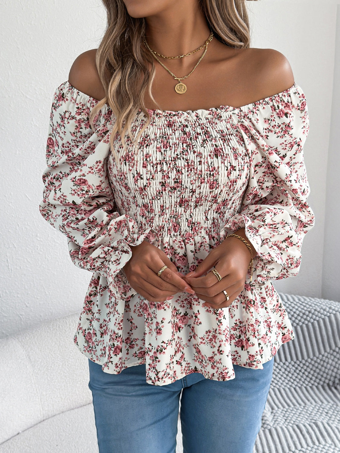 Floral Square Neck Flounce Sleeve Blouse