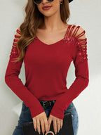 Rhinestone Cutout Long Sleeve T-Shirt