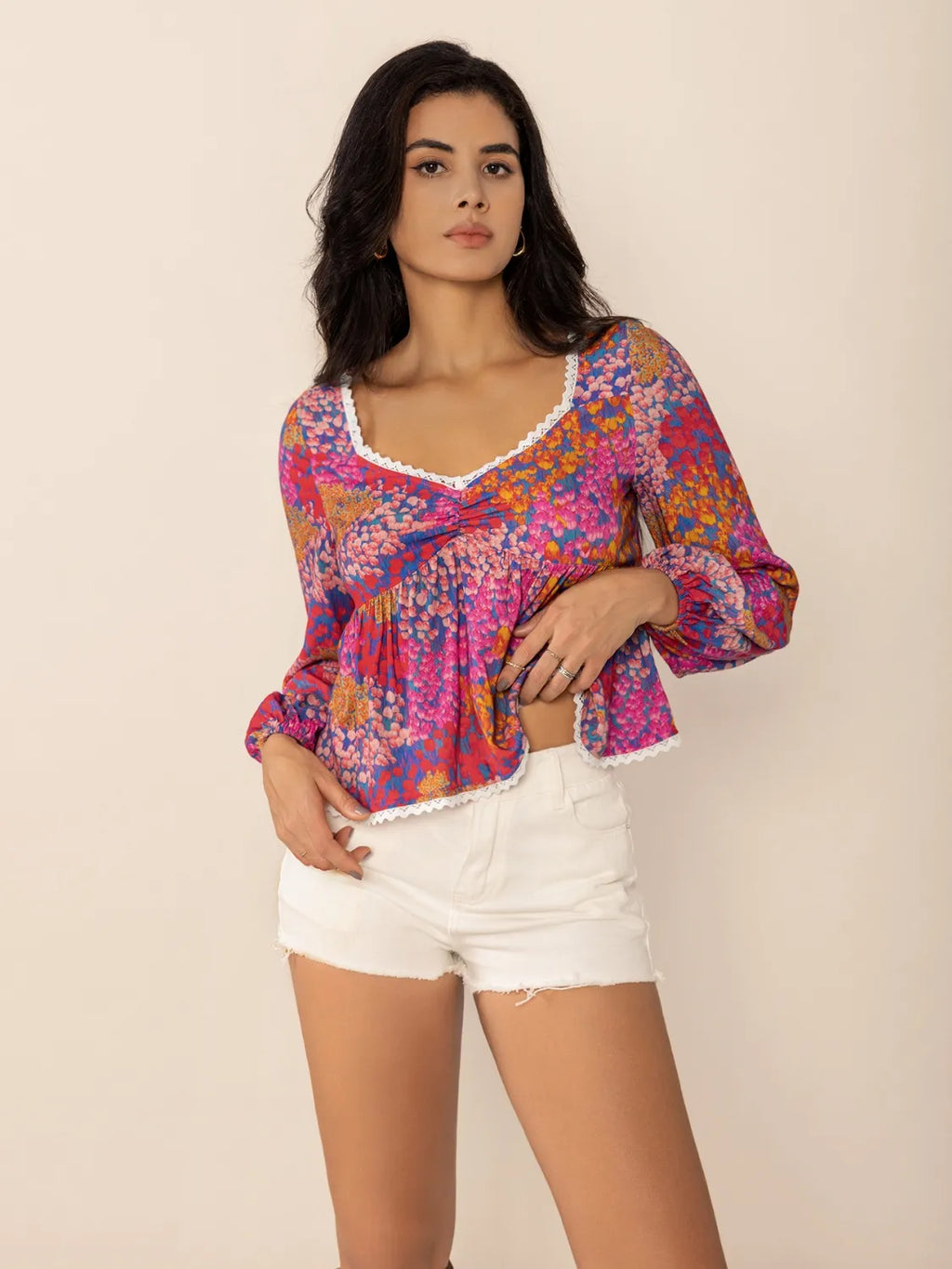 Lace Detail Printed Balloon Sleeve Top