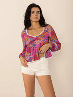 Lace Detail Printed Balloon Sleeve Top