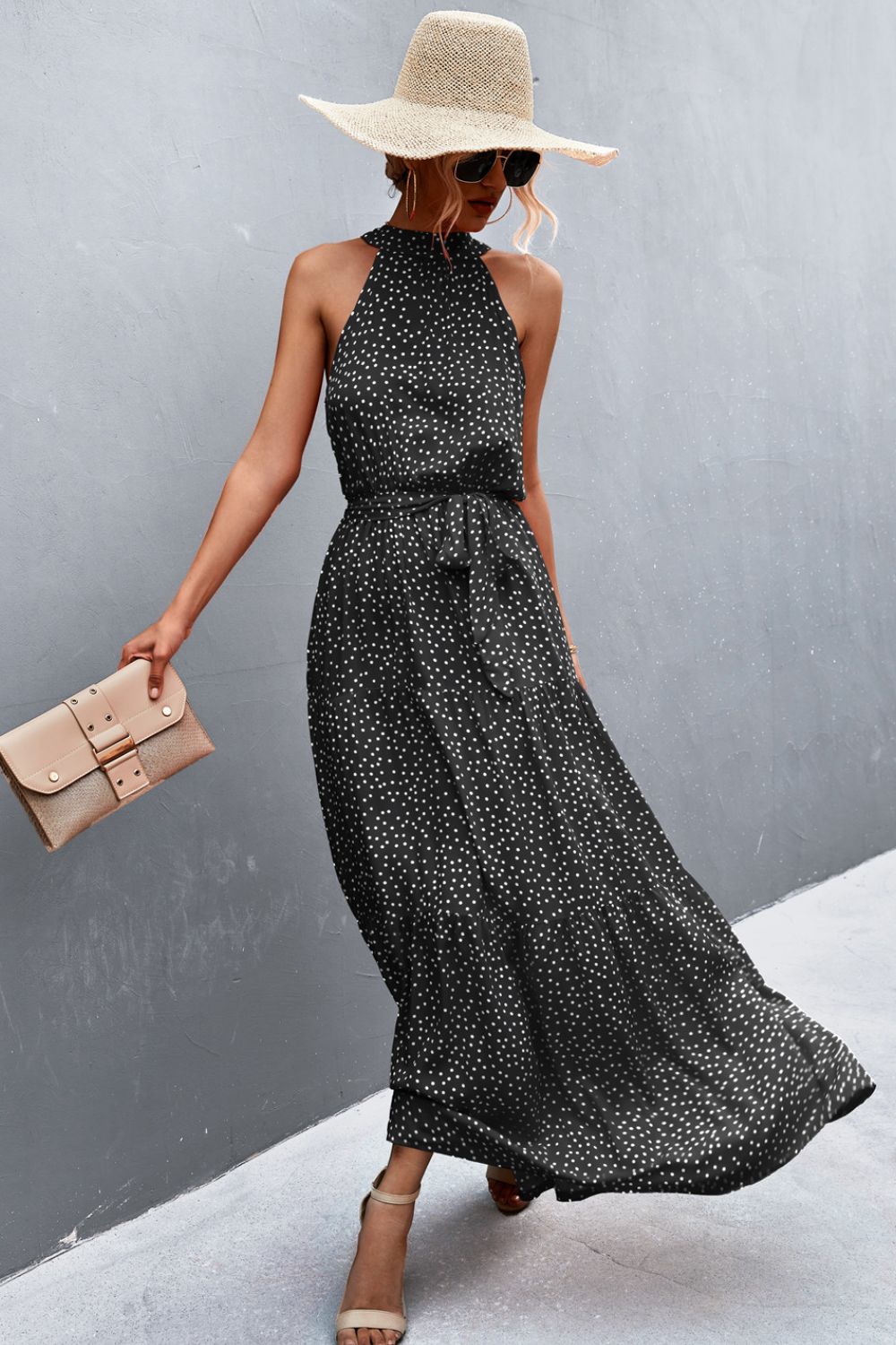 Printed Sleeveless Tie Waist Maxi Dress - felvior