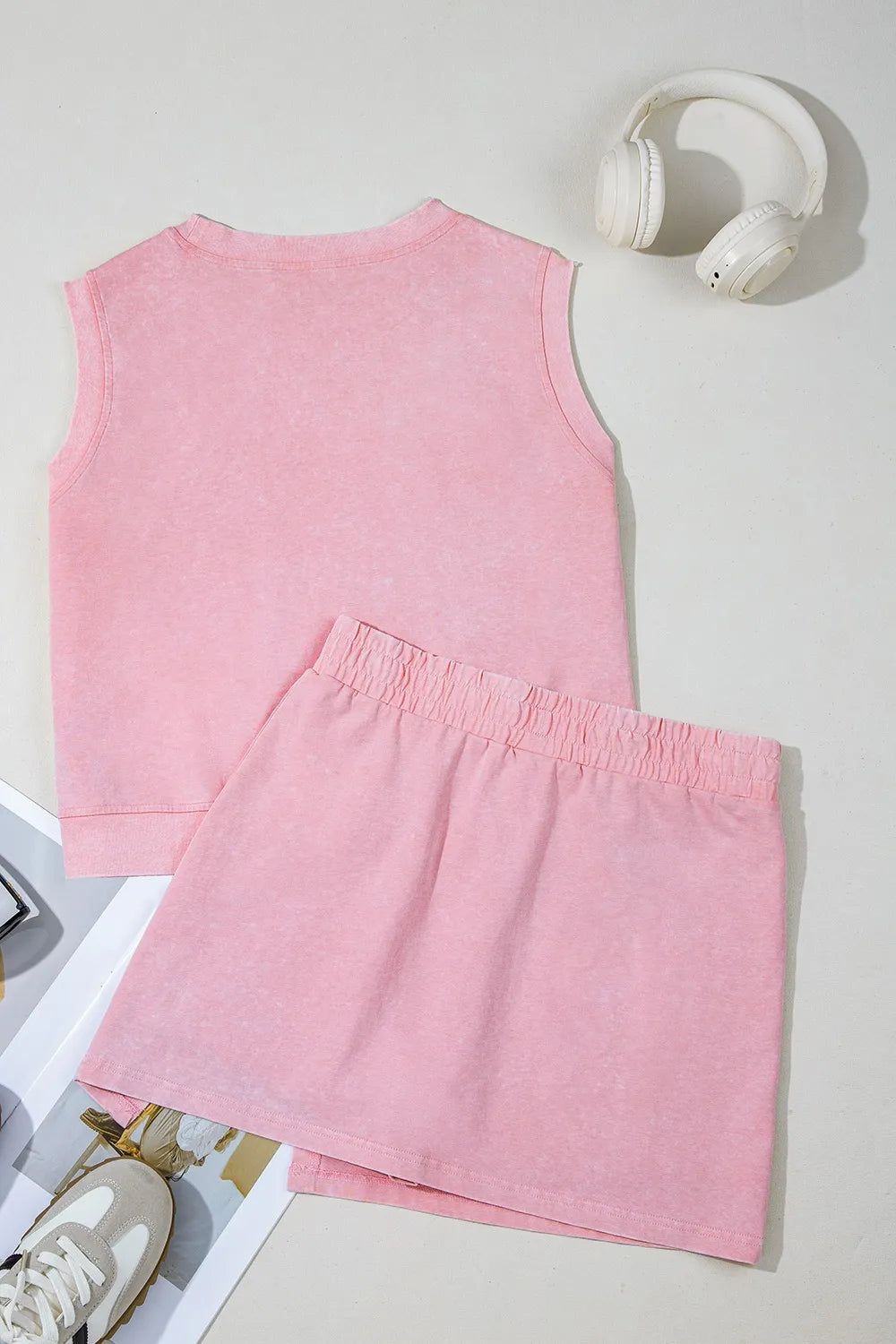 Mineral Wash Cotton Tank Top and Slit Skort Set