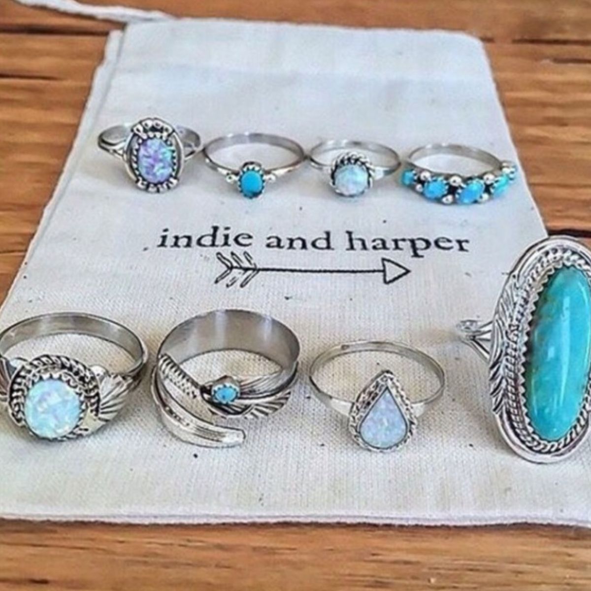 Alloy Turquoise 8-Piece Ring Set - felvior