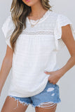 Lace Round Neck Flutter Sleeve Eyelet Blouse - felvior