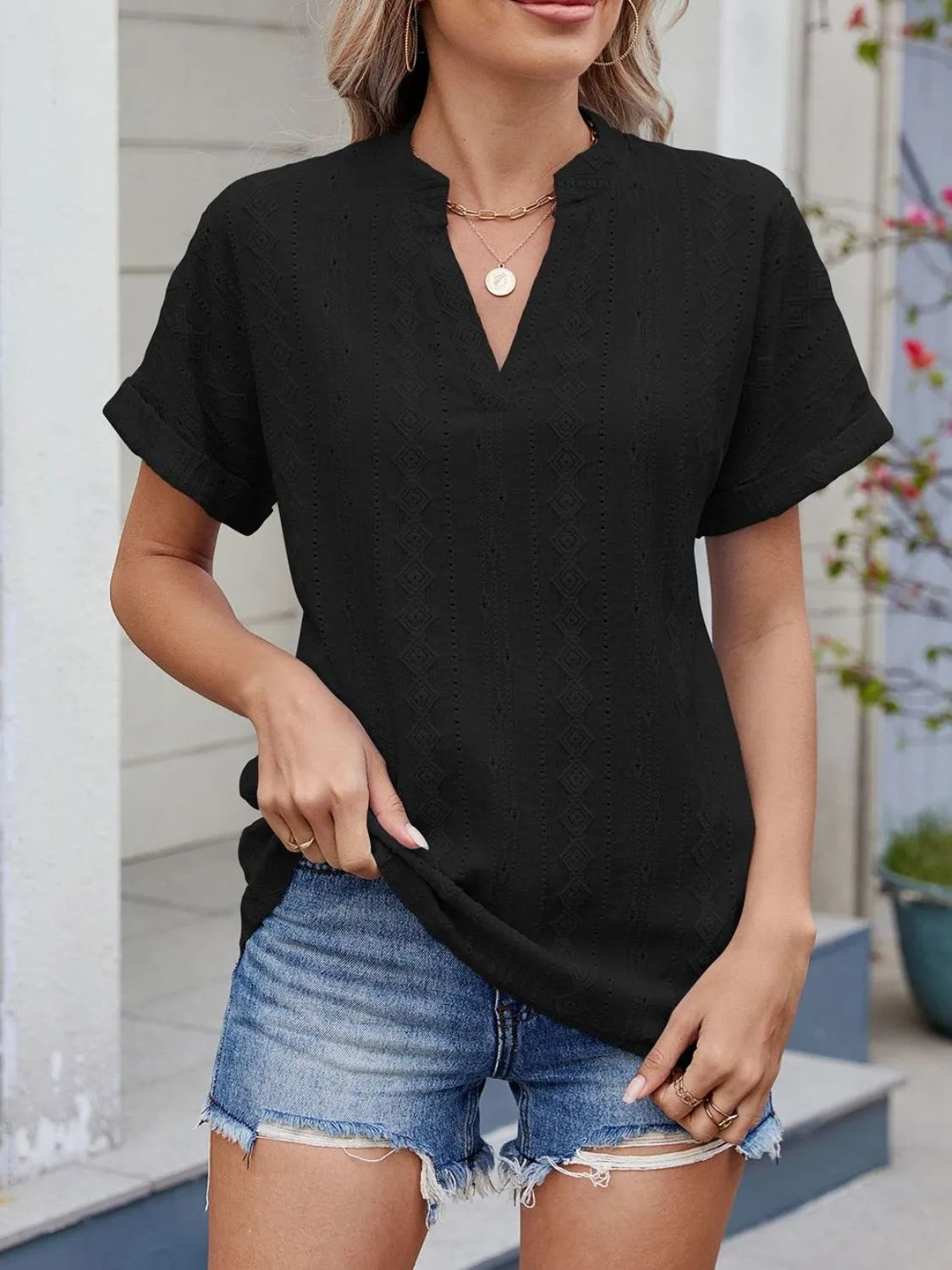 Eyelet Notched Short Sleeve Top