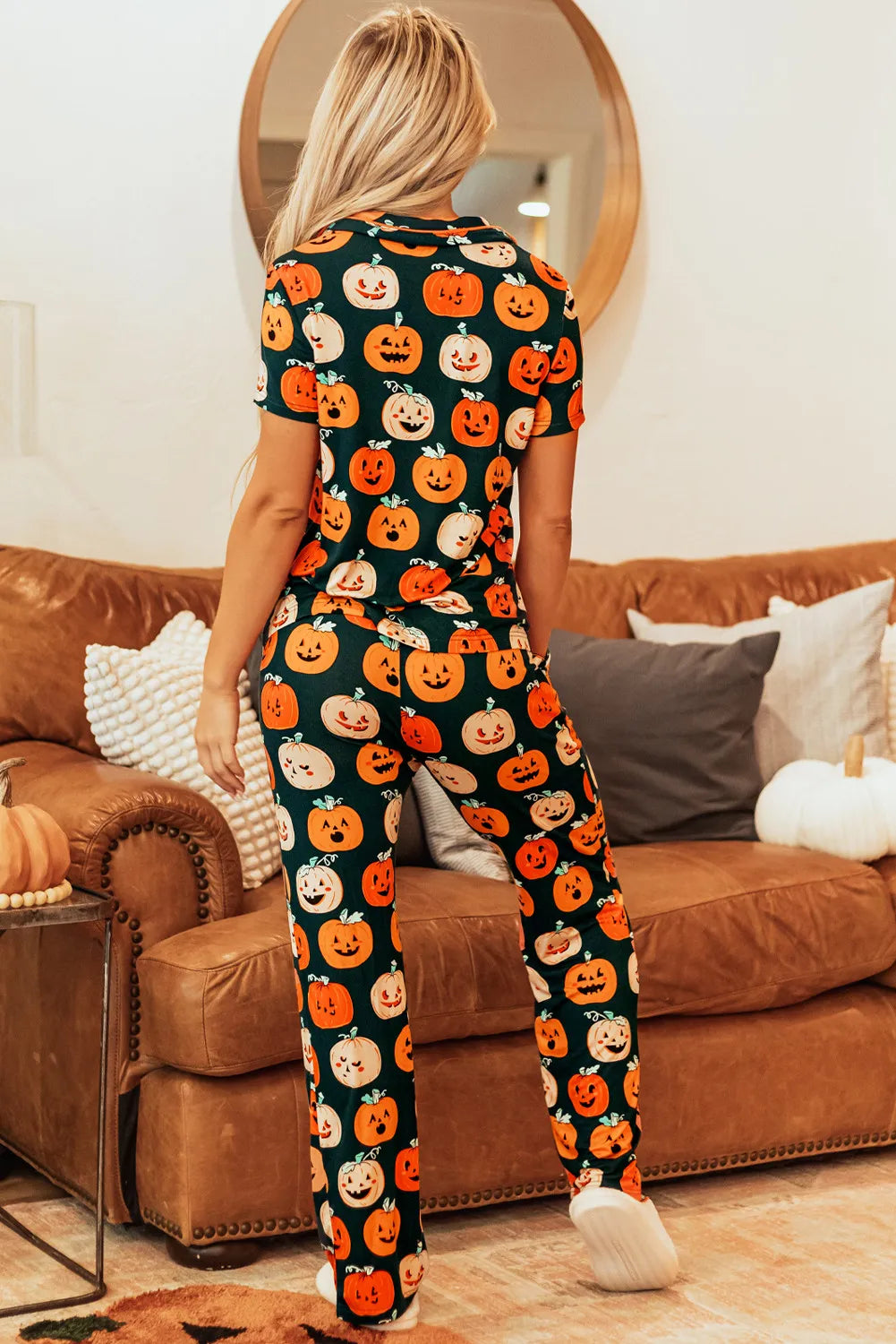 Pumpkin Printed Short Sleeve Top and Pants Lounge Set - felvior