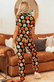 Pumpkin Printed Short Sleeve Top and Pants Lounge Set - felvior