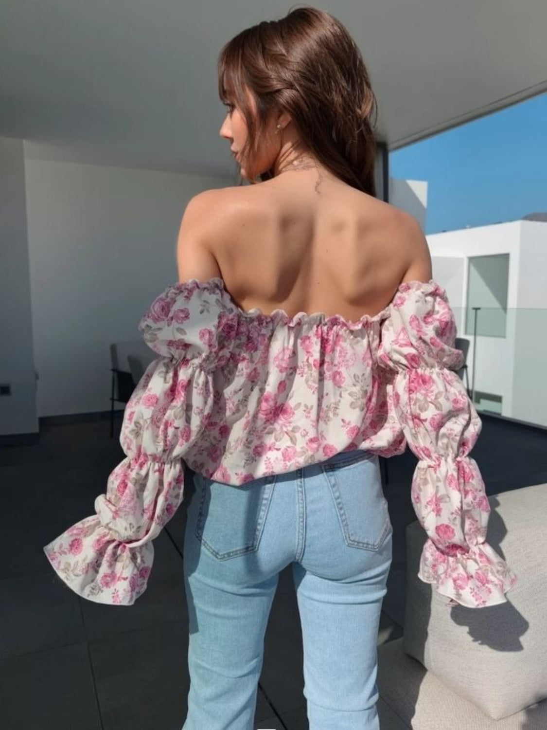 Printed Off-Shoulder Flounce Sleeve Blouse - felvior