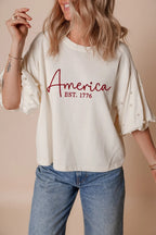 AMERICA EST 1776 Embroidered Pearl Beaded Sleeve T Shirt