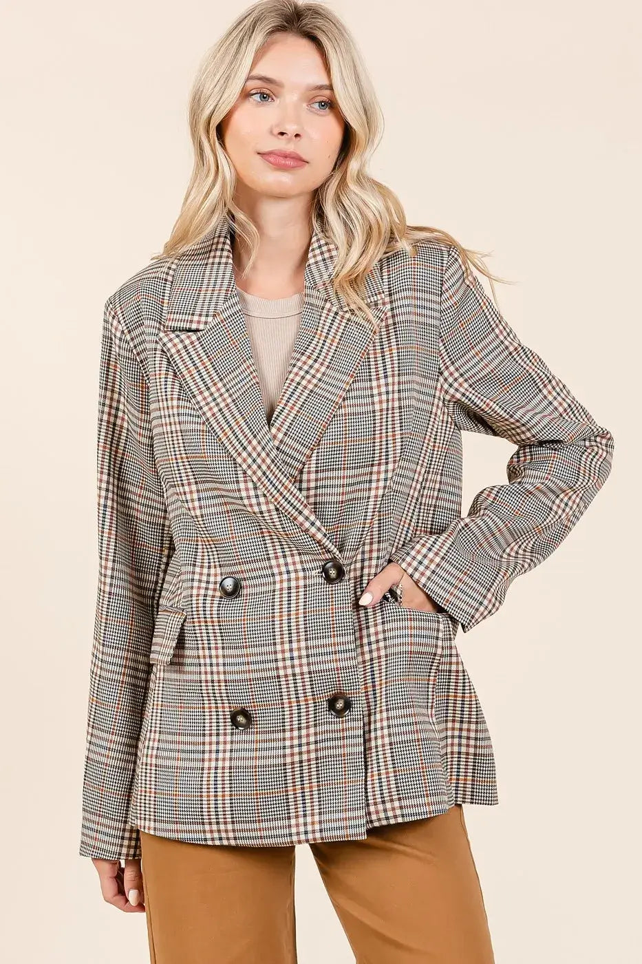 Mittoshop Plaid Double Breasted Relaxed Fit Blazer