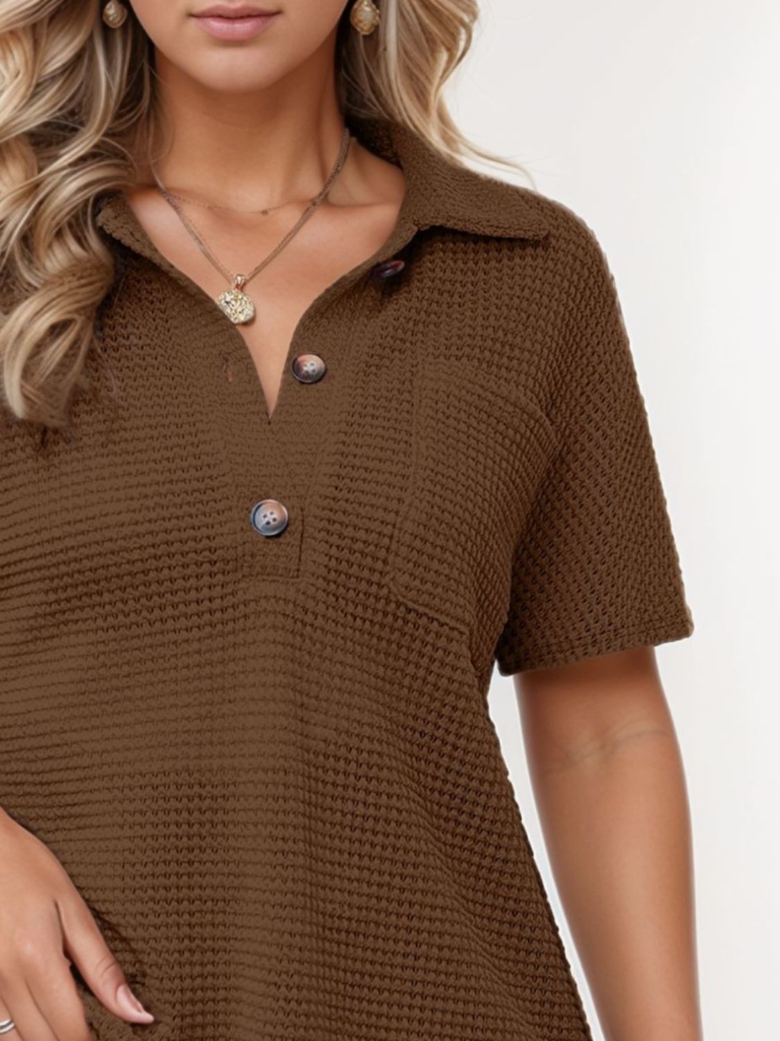 Waffle-Knit Short Sleeve Polo Shirt - felvior