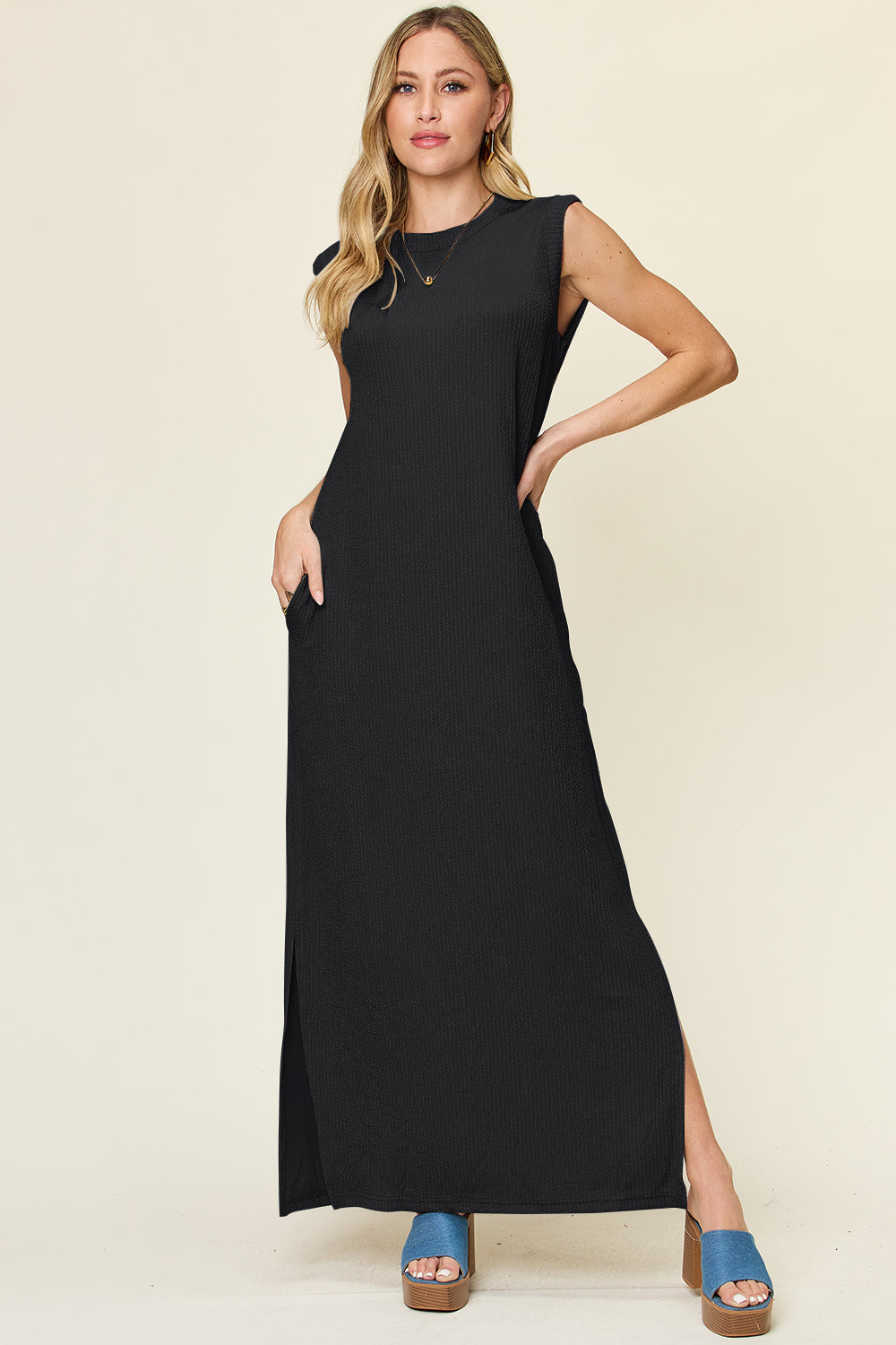 Double Take Full Size Texture Mock Neck Sleeveless Maxi Dress - felvior