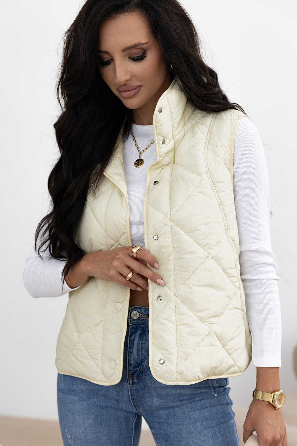 Snap Down Texture Vest Coat with Pockets - felvior