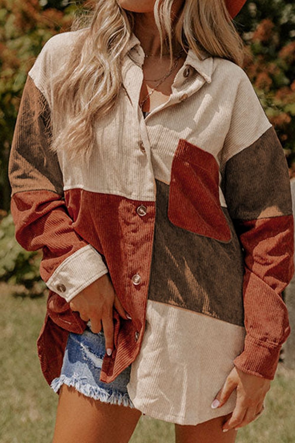 Color Block Curved Hem Corduroy Shacket with Pocket - felvior
