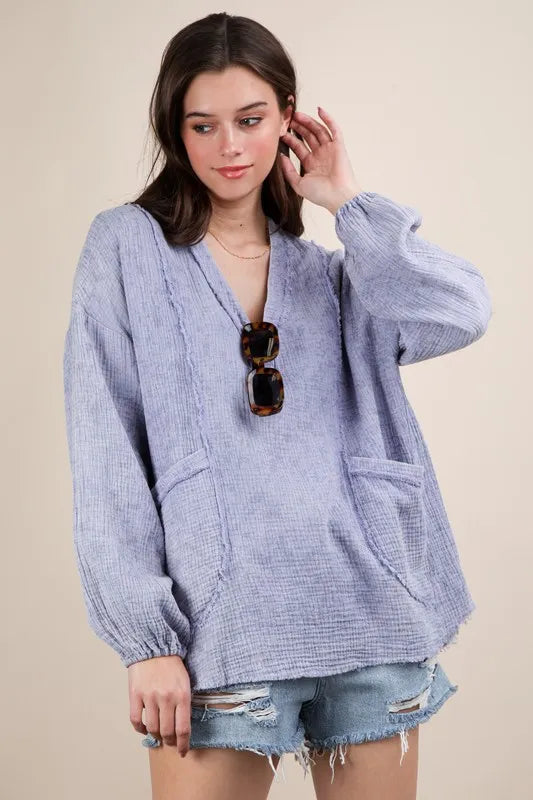 VERY J Plus Size Washed Cotton Gauze Oversized Top