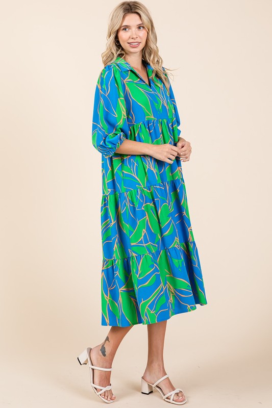 Mittoshop Tiered Printed Collared Neck Midi Dress - felvior