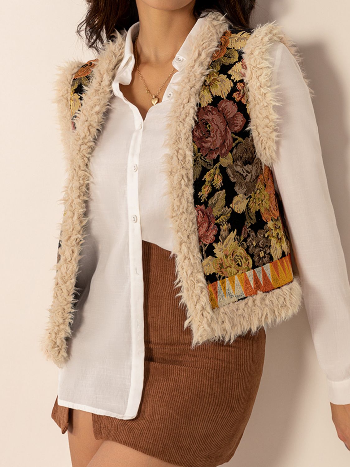 Embroidered Fuzzy Trim Open Front Vest Coat - felvior