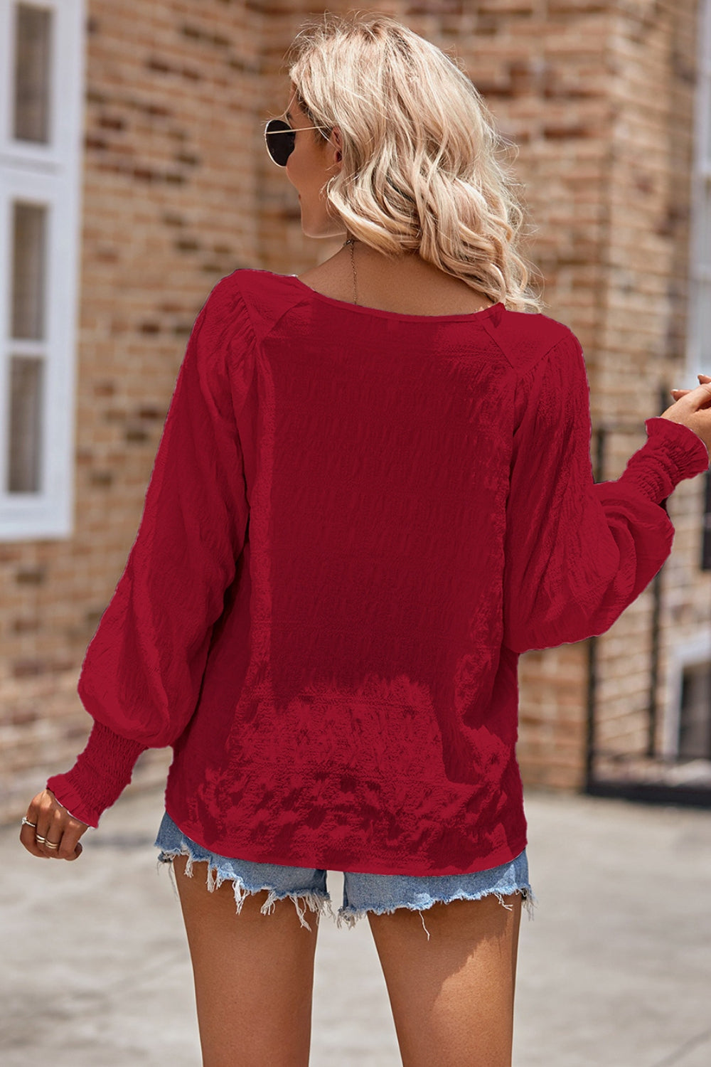 Ruched Round Neck Lantern Sleeve Blouse - felvior