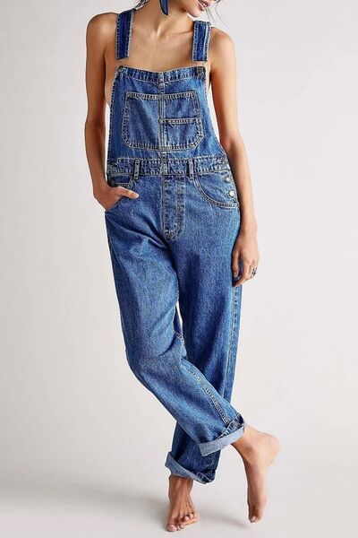 Wide Strap Square Neck Denim Overalls