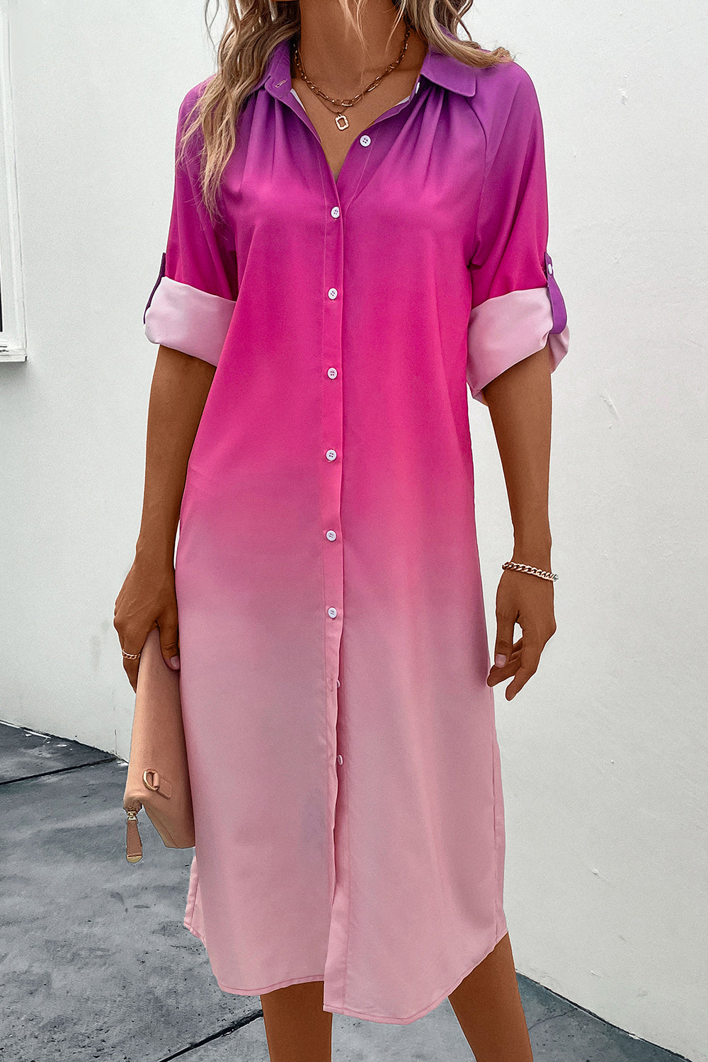 Perfee Gradient Long Sleeve Shirt Dress - felvior