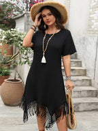 Plus Size Fringe Round Neck Short Sleeve Midi Tee Dress