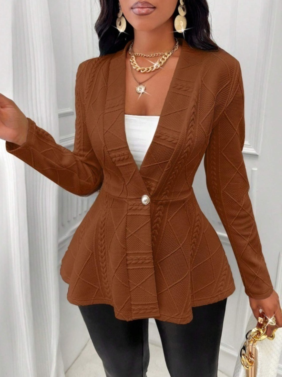 One Button Textured Peplum Cardigan - felvior
