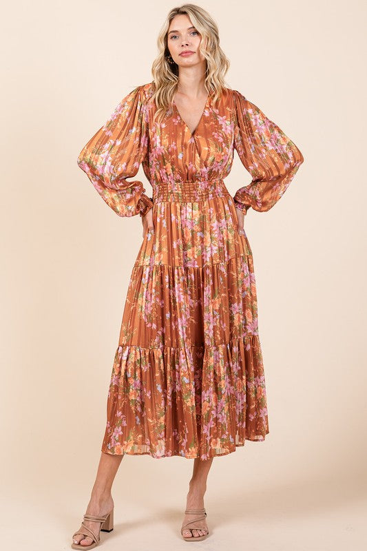 Mittoshop Flower Print Satin Lurex Stripe Smocked Midi Dress - felvior