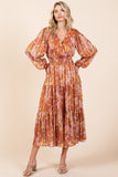 Mittoshop Flower Print Satin Lurex Stripe Smocked Midi Dress - felvior