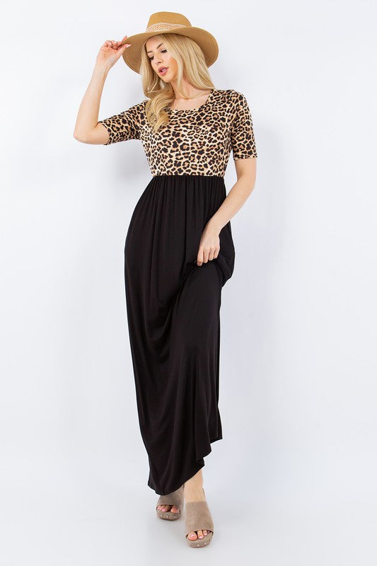 Celeste Full Size Leopard Round Neck Maxi Dress with Pockets Plus Size - felvior